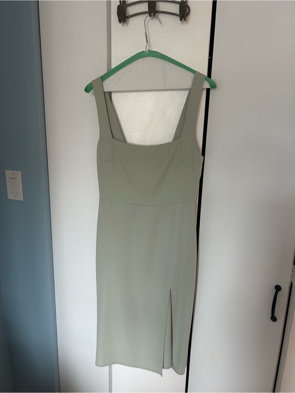 Babaton Sage Green Square-Neck Midi Sheath Dress